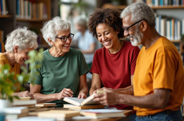 Vier glücklich aussehende Menschen in einer Geschäftsbesprechung. Eine Frau steht, eine andere Frau und zwei Männer sitzen dafür im Kreis an einem Tisch mit Laptops vor sich.Foto: (c) ty / AdobeStock