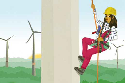 Das Bild zeigt die Titelgrafik des Serious Game „Serena Supergreen“. Darauf zu sehen ist eine gezeichnete junge Frau, die an einem Windrad mit Seil hängt.