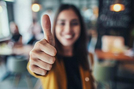 Dieses Bild ist verschwommen. Es zeigt eine junge, lächelnde Frau, die einen Daumen nach oben in die Kamera streckt. Foto: © Michael – stock.adobe.com. Mit KI-generiert