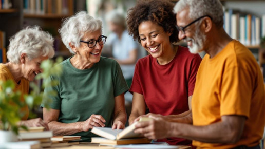 Vier Ehrenamtliche mit Büchern. KI-generiert. Bild generiert mit Le Chat (Flux Pro)
