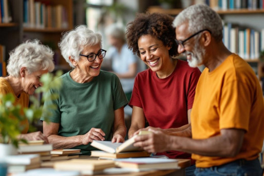 Vier Ehrenamtliche mit Büchern. KI-generiert. Bild generiert mit Le Chat (Flux Pro)