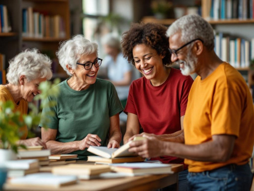 Vier Ehrenamtliche mit B&uuml;chern. KI-generiert. Bild generiert mit Le Chat (Flux Pro)