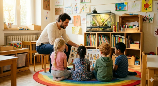 Das Bild zeigt einen Erzieher, der vier Kindern ein Bilderbuch zeigt. Foto: WILA Bonn / KI generiert mit Gemini (Modell Nano Banana 2)