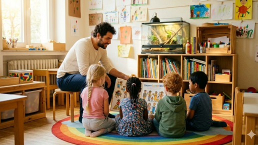 Das Bild zeigt einen Erzieher, der vier Kindern ein Bilderbuch zeigt. Foto: (c) WILA Bonn / KI generiert von Gemini (Modell Nano Banana 2)