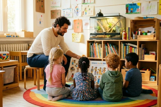 Das Bild zeigt einen Erzieher, der vier Kindern ein Bilderbuch zeigt. Foto: WILA Bonn / KI generiert mit Gemini (Modell Nano Banana 2)